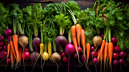 Bunch of fresh carrots, beets and celery on wooden backgroundの素材