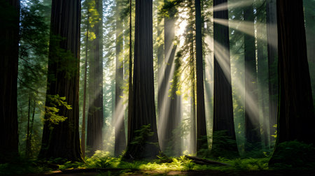 redwood forest with sun rays in the morning, California, USAの素材