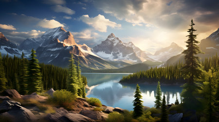 Mountains and lake in the forest at sunrise. 3d renderingの素材