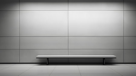 Empty bench in front of a gray wall. 3d rendering.の素材