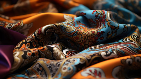 Texture, background, pattern, paisley silk fabric. It is a combination of two colors, yellow, blue, green, red, orange, brown.の素材
