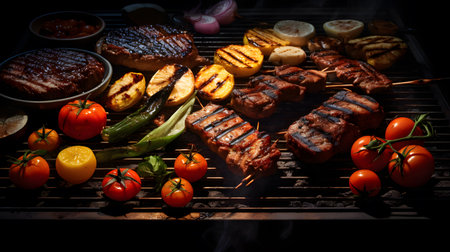 Barbecue with grilled meat, vegetables and mushrooms on the grillの素材