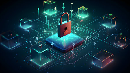 Cyber security concept with closed padlock on blue background 3D renderingの素材