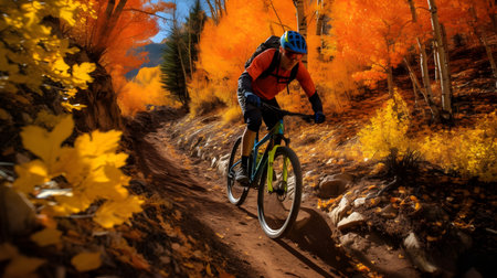 Cyclist Riding the Bike on the Trail in the Beautiful Autumn Forest. Extreme sports concept.の素材