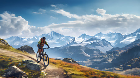 Cyclist riding mountain bike on high mountains. Sport and active life concept.の素材
