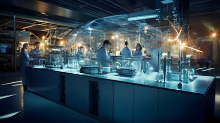 Science laboratory research and development concept. 3d rendering toned image double exposureの素材