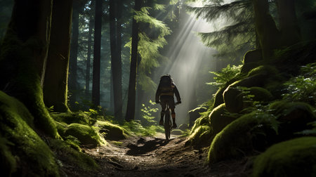 Cyclist in the forest on a trail with fog and sunlightの素材