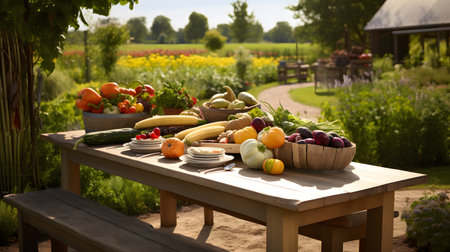 Vegetables and fruits on the wooden table in the garden.の素材