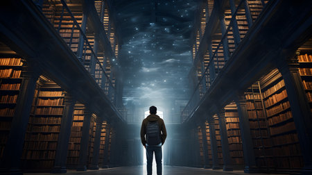 Man in library looking at glowing bookshelf 3D renderingの素材