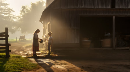 Mother and daughter standing in front of a barn in the morning.の素材