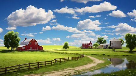 American Countryside with red barns and blue sky with white cloudsの素材