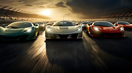 Futuristic sports cars on the road at sunset. 3d renderingの素材