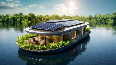 House with solar panels on the water. 3d rendering. Concept of ecological house.の素材