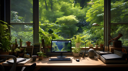 Workplace with computer on desk in front of the window in the gardenの素材