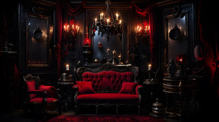Vintage interior of an old mansion with red armchair and fireplaceの素材