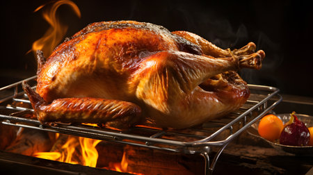 Roast chicken on a grill with flames on a dark background.の素材