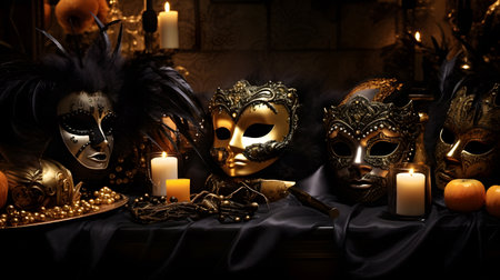 Carnival masks with candles and candlesticks on dark backgroundの素材