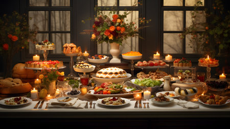 Fruit and vegetables on a buffet table with candles in the backgroundの素材