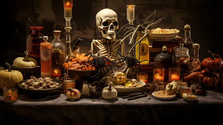 Halloween still life with skulls, pumpkins, candles, candlesticks and other objectsの素材