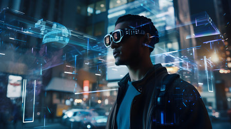African american man wearing virtual reality goggles in city at night. Future conceptの素材
