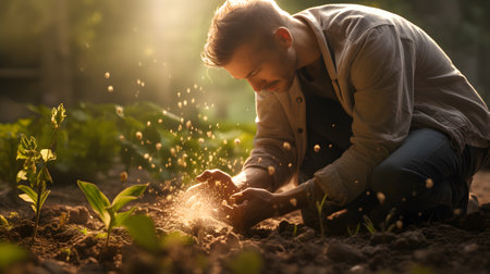 Young man planting seedlings in the garden on a sunny summer dayの素材