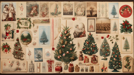 Vintage Christmas ornaments on old paper. Retro style.の素材