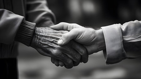 Business people shaking hands, closeup of hands. Black and whiteの素材