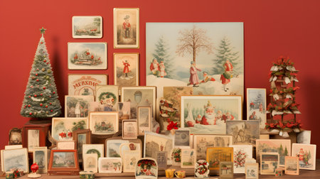 Christmas decoration in red room with Christmas tree and presents on the wallの素材