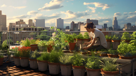 A young man is planting herbs on the terrace of a balcony.の素材