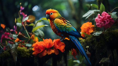 Beautiful colorful macaw sitting on a branch in the tropical forestの素材