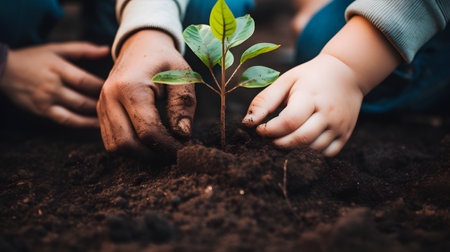 Little boy and girl planting tree in the garden. Save world concept.の素材