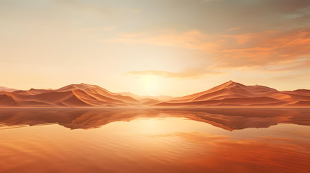 Sunset over a lake with sand dunes, 3d renderの素材