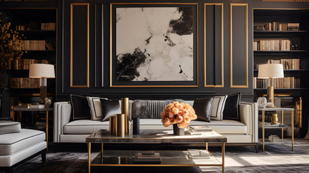 Luxury living room interior with black walls, carpet on the floor, sofa and coffee table. 3d renderingの素材