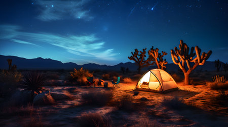 Camping in the desert at night - 3D render illustration.の素材