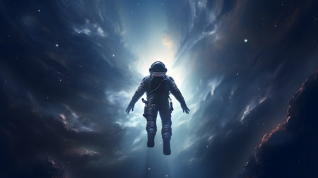 Astronaut in spacesuit against the background of the night skyの素材