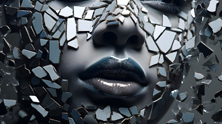 Beautiful woman face with broken glass. 3d render illustration.の素材