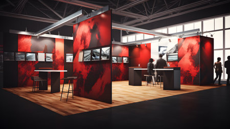 Modern exhibition hall interior with red and black walls. 3d renderingの素材