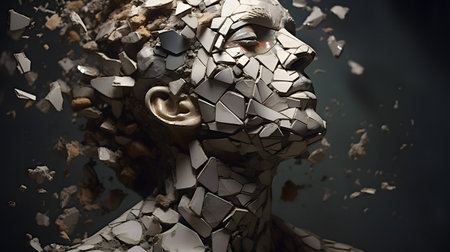 Cyborg face with broken glass. 3d illustrations. 3d rendering.の素材