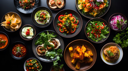 Variety of Indian snacks and appetizers in bowls over black backgroundの素材