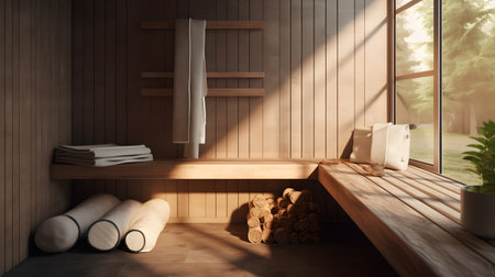 Interior of modern wooden sauna with wooden walls, concrete floor, comfortable white bathtub and bookcase. 3d renderingの素材