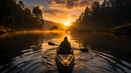 Kayaking on the river at sunrise. The concept of active and extreme tourismの素材