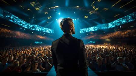 Rear view of a businessman standing in front of a crowd at a concertの素材