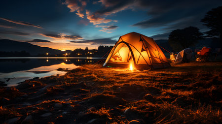 Camping on a lake at night with a view of a tentの素材