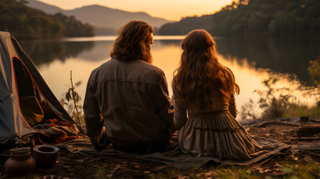 Back view of young couple sitting in front of a lake at sunsetの素材