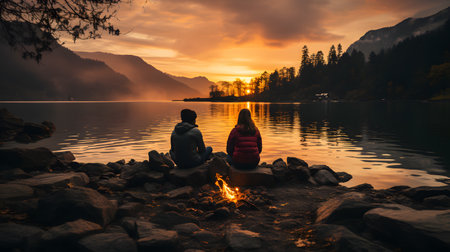Couple sitting on the shore of a mountain lake at sunset. Couple sitting by the fire.の素材