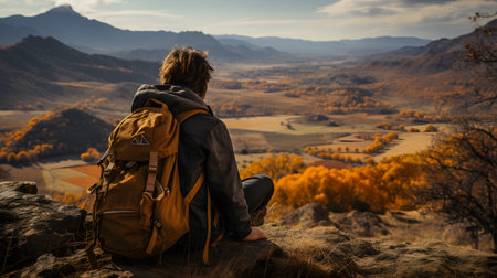 Hiker with backpack sitting on top of a mountain and enjoying the view of autumn valleyの素材