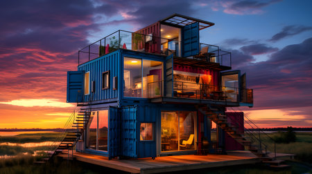 3d render of a modern house on a lake at sunset.の素材
