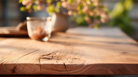 Wooden table and cup of coffee on blurred background, closeupの素材