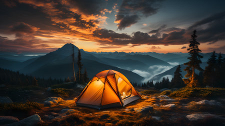 Camping in the Carpathian mountains at sunset with orange tentの素材