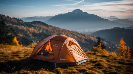 Camping on the top of the mountain in the morning. Carpathians, Ukraineの素材